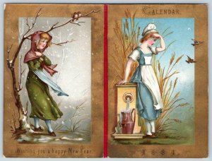 1884 CALENDAR AMERICAN FIRE HOSE MFG CO CHELSEA MASS VICTORIAN TRADE CARD FOLDER