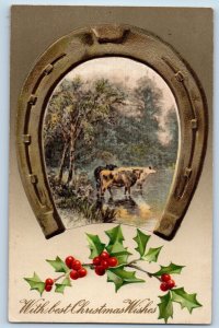 Christmas Postcard Horseshoe Holly Berries Winsch Back Ludlow Massachusetts MA