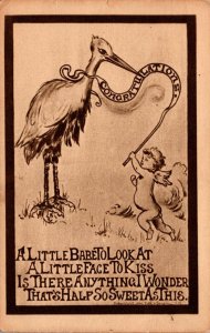 Birth Stork With Young Angel 1910