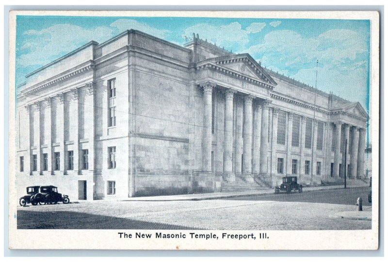 View Of The New Masonic Temple Cars Scene Freeport Illinois IL Vintage Postcard