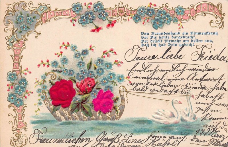 SWITZERLAND-BEAUTIFUL ORNATE BORDER-FELT FLOWERS IN SWAN BOAT~1903 POSTCARD