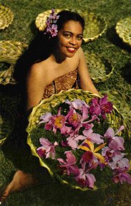 Hawaiian Woman Orchid Flowers Hawaii postcard