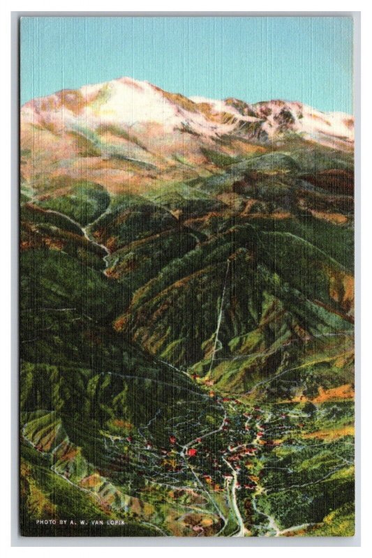 Birds Eye View Manitou Colorado CO and Pike's Peak UNP Linen  Postcard W22
