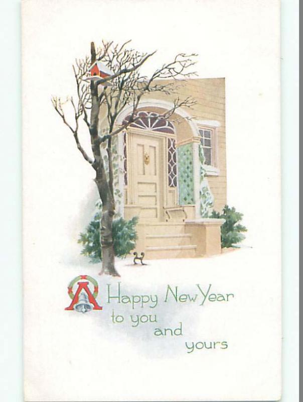 Unused Pre-Linen new year STAIRS TO DOOR OF HOUSE IN WINTER SCENE k4956