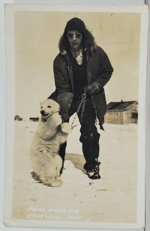 Adorable POLAR BEAR CUB With Man of Churchill Canada Real Photo Postcard Q9 