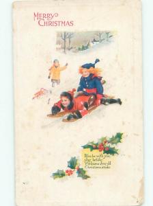 Pre-Linen Christmas GIRL RIDING ON TOP OF BOY ON TOBOGGAN SLED AB5702