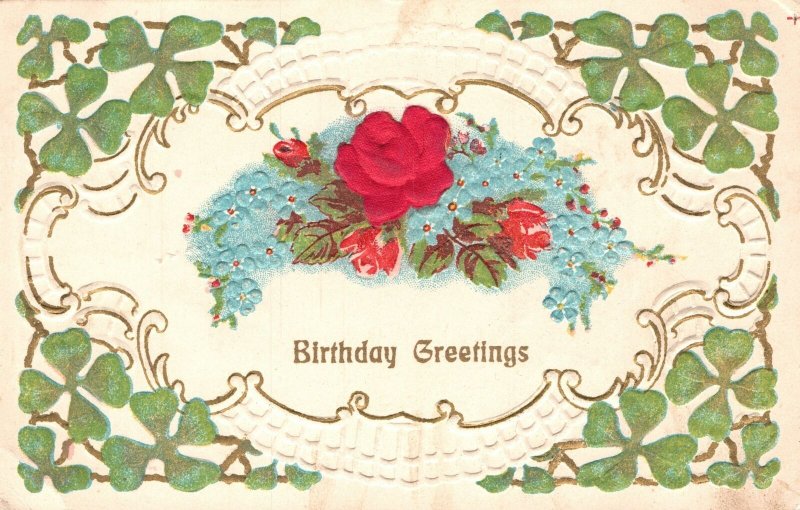 Vintage Postcard 1911 Birthday Greetings Flower Bouquet Green Leaves Border