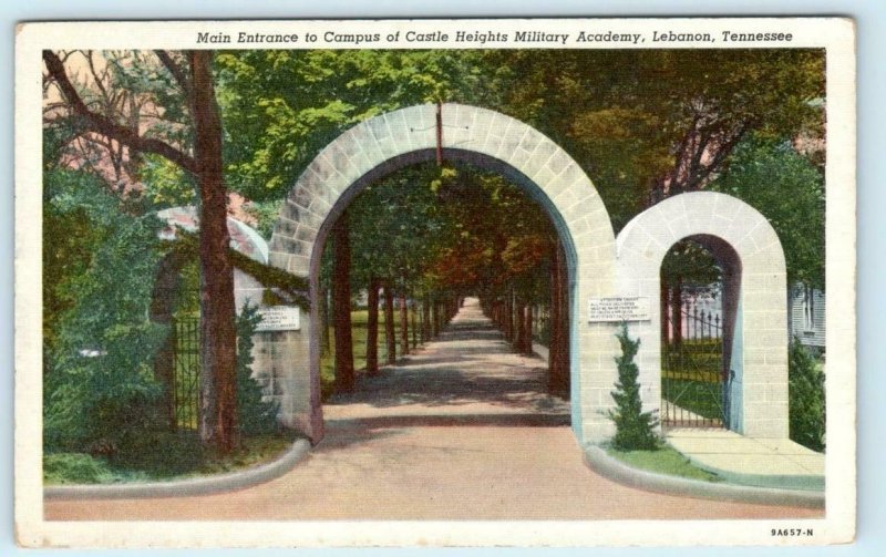 LEBANON, Tennessee TN ~ Campus Entrance CASTLE HEIGHTS MILITARY ACADEMY Postcard