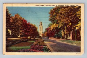 Lincoln NE-Nebraska, Capitol Tower Looking North, Linen c1949 Postcard 