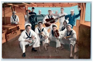 c1910's Navy Sailor Musicians On Board United States Warship Antique Postcard