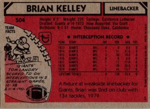 1980 Topps Football Card Brian Kelley LB New York Giants sun0048