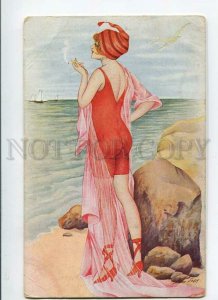 3150327 ART NOUVEAU Smoking Lady on Beach by SAGER vintage PC