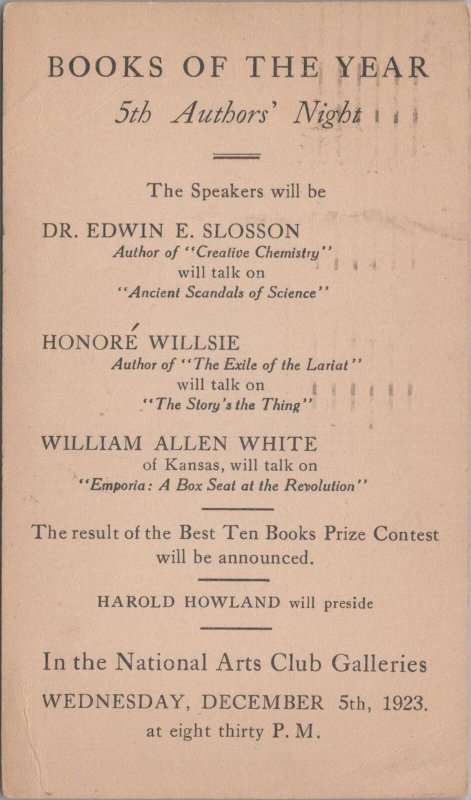 Postcard National Arts Club Galleries Books of Year 5th Author's Night Dec 1923