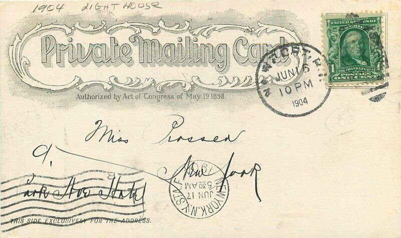 1904 Private mailing Lime Rock Light Newport Rhode Island Postcard Mercury 9604