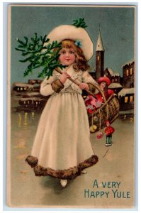 c1910's Christmas Tree Happy Yule Pretty Girl Toys In Basket Antique Postcard