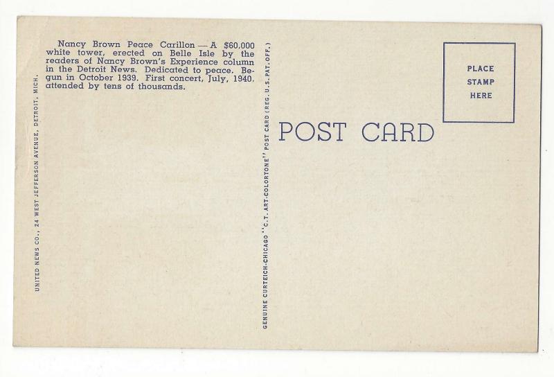 MI Detroit Belle Isle Nancy Browns Peace Carillon 1943 Vtg Linen Postcard