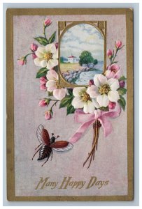 Many Happy Days Flying Insect Bug Bee Postcard Flowers Greeting Divided