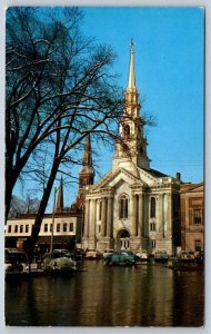 First Church, Central Square, Keene, New Hampshire, Vintage Postcard, Old Cars