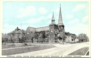 Postcard MI Mt. Pleasant Parochial School Church & Priests' Residence 1920s L16