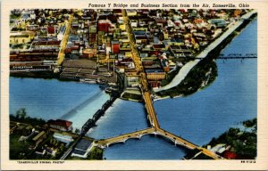 Postcard OH Zanesville Famous Y Bridge & Business Section from the Air 1940s F18