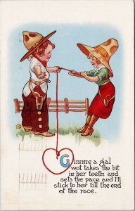 Gimme a Gal Cowboy Cowgirl Heart Rope Romance c1917 Gibson Line Postcard H21