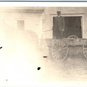 c1900s Gentleman Stands in Horse Drawn Wagon RPPC Boater Hat Real Photo PC A135