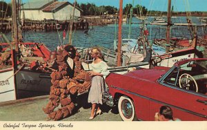 Tarpon Springs FL Sponges Convertible 1950's Car Beautiful Woman Boats, Postcard