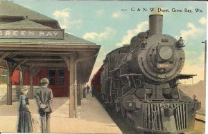 Green Bay WI Train Station, C&NW RR Depot, Steam Locomotive 1910 Wisconsin