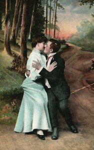 Vintage Postcard 1910s Woman and Embracing Man Kissing Scene Love