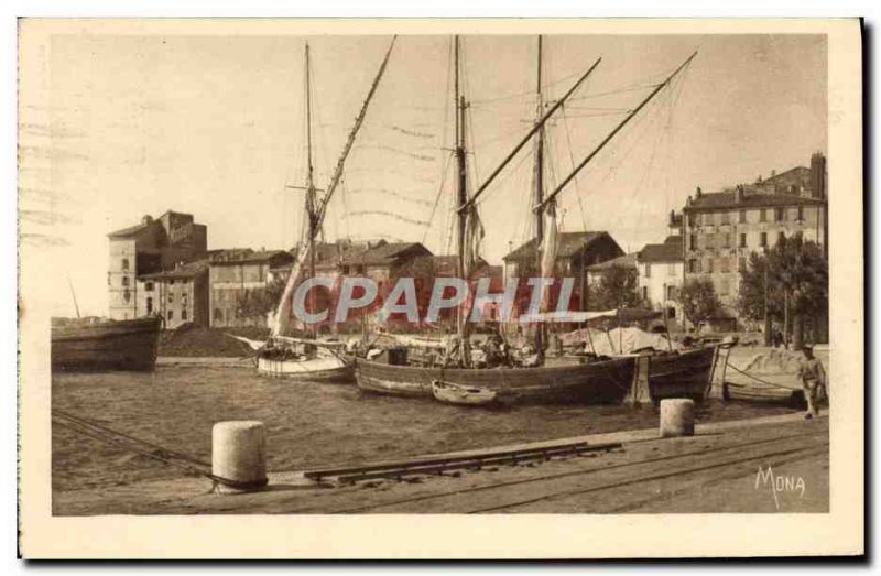 Postcard Old Fishing Boat Sailing Toulon in the commercial port