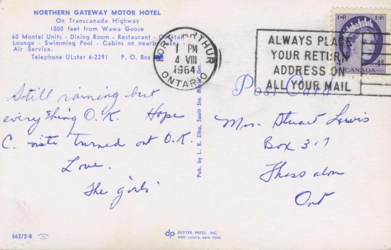 Northern Gateway Motor Hotel Wawa Ontario ON Restaurant Cars c1964 Postcard E12