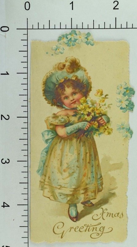 1880's Victorian Embossed Christmas Card Adorable Girl Pretty Dress Flowers P82