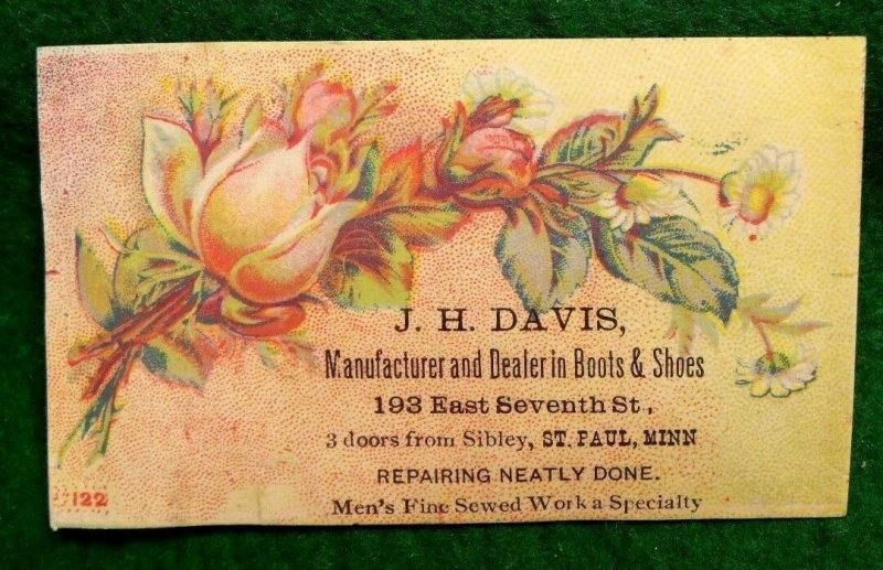 Victorian Trade Card J.H Davis Boots & Shoes Floral Image Y6
