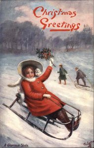 Christmas Children Sledding Tuck c1900s-20s Postcard