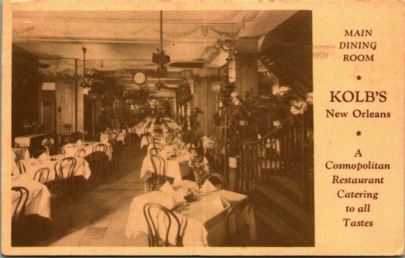 Kolb's Restaurante Principal Room Int Nuevo Orleans Luisina. 1938 Tarjeta Postal