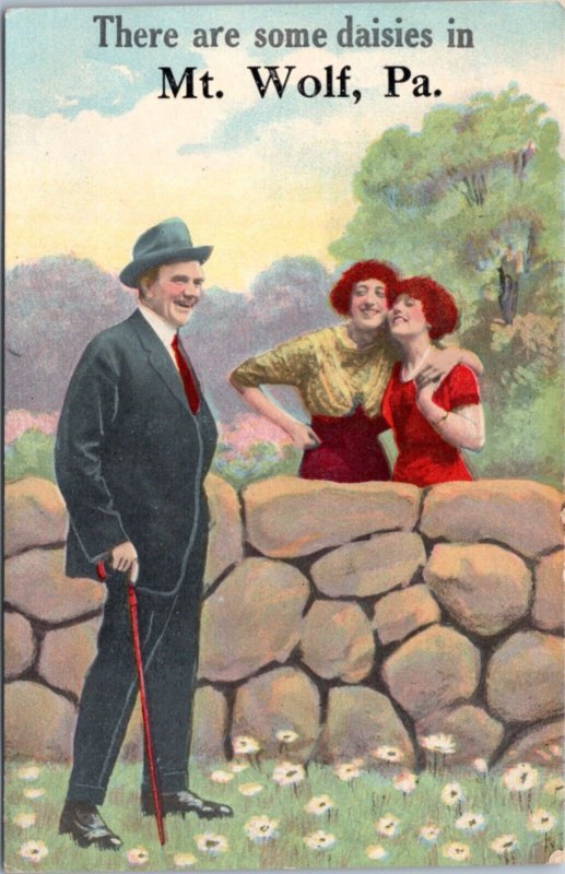 Postcard PA Mt. Wolf - There are some daisies in - Two women and Man by wall