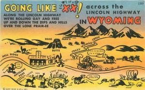 Comic Humor Map Attractions US 30 Wyoming 1940s Postcard Teich liinen 4499