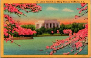 Vtg Linen Postcard Washington DC Lincoln Memorial Potomac River Cherry Blossoms