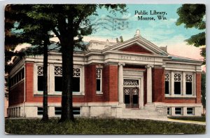 Monroe Wisconsin~Public Library From Trees~EC Kropp PM 1916 Postcard
