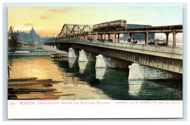 Postcard Charlestown Bridge & Elevated Railway, Boston, MA trolley carriages H17