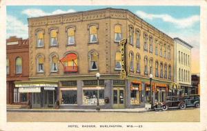 Burlington Wisconsin Hotel Badger Street View Antique Postcard K16103