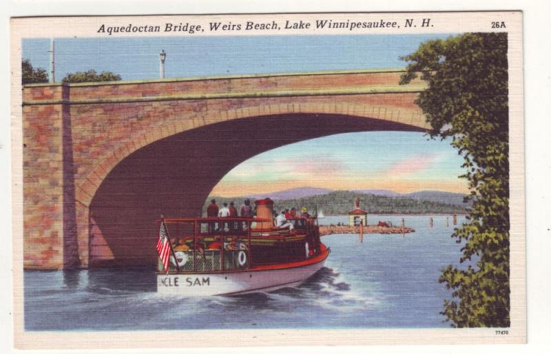 P209 JL 1958 postcard boat uncle sam aquedoctan bridge n.h.