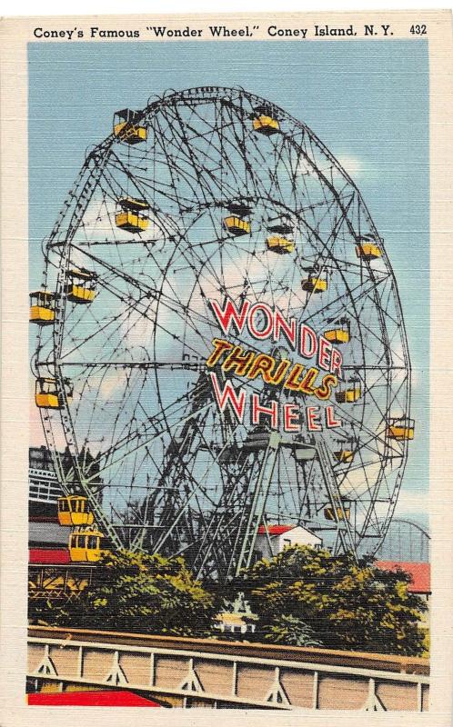New York NY Postcard Linen CONEY ISLAND Wonder Wheel Ferris Wheel THRILLS