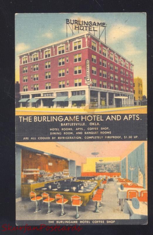 BARTLESVILLE OKLAHOMA THE BURLINGAME HOTEL RESTAURANT INTERIOR LINEN POSTCARD