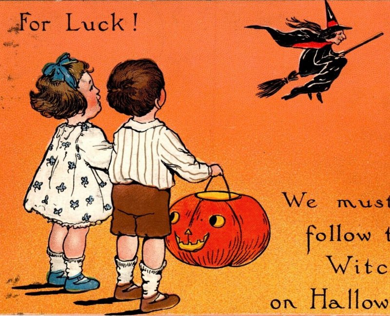 Halloween Postcard Tuck Fantasy Witch On Broom Children JOL Pumpkin 1912 Ser 188