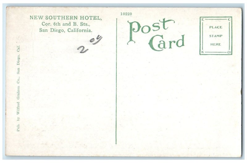c1920's New Southern Hotel Building Restaurant San Diego California CA Postcard