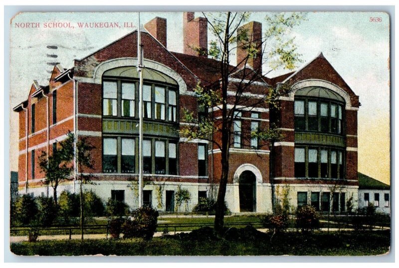 Waukegan Illinois IL Postcard North School Building Exterior View 1910 Vintage