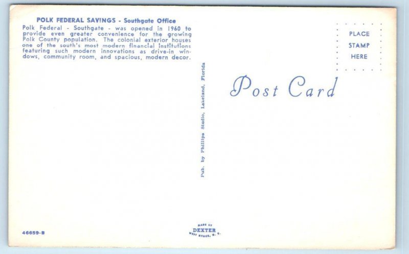 LAKELAND, FL Florida ~ POLK FEDERAL SAVINGS  c1960s  Polk County Postcard