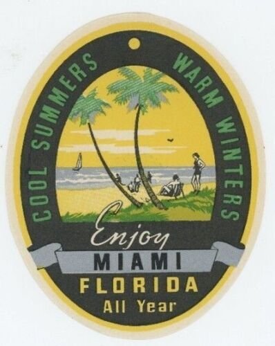 1930's-40's Enjoy Miami Luggage Label Florida Luggage Label Poster Stamp B6 