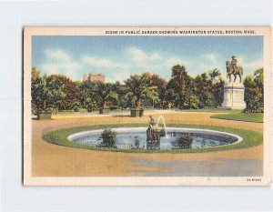 Postcard Scene In Public Garden Showing Washington Statue, Boston, Massachusetts